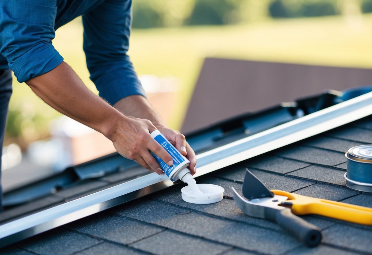 A person applying sealant to flashing on a roof, with tools and materials nearby