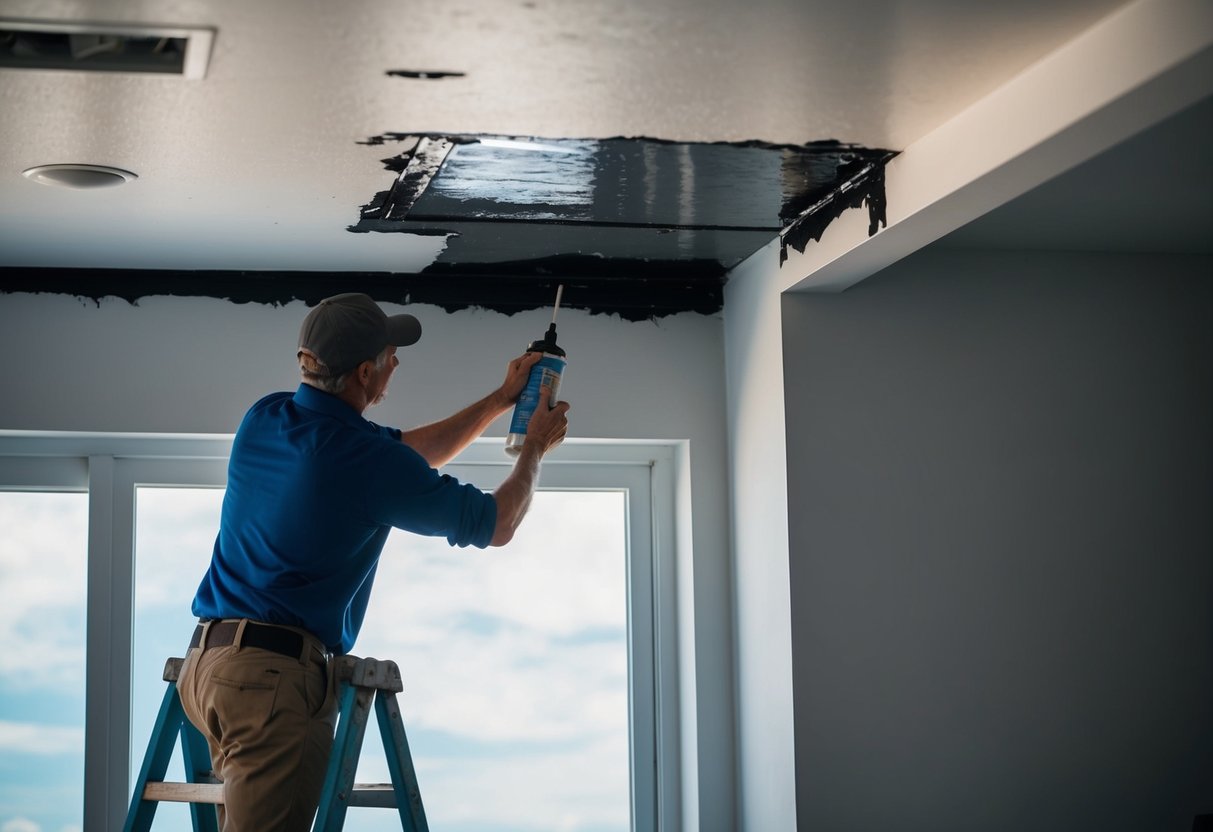 A person on a ladder applying sealant to a damaged section of a roof, with water stains visible on the ceiling below