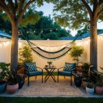 A cozy backyard with a hammock strung between two trees, surrounded by potted plants and string lights, with a small table and chairs for outdoor dining