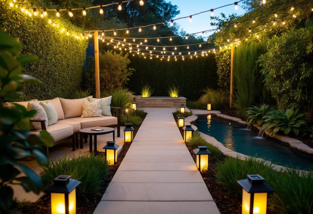 Soft string lights illuminate a cozy seating area surrounded by lush greenery, casting a warm and inviting glow. A pathway lined with solar-powered lanterns leads to a tranquil water feature, creating a peaceful and safe backyard oasis