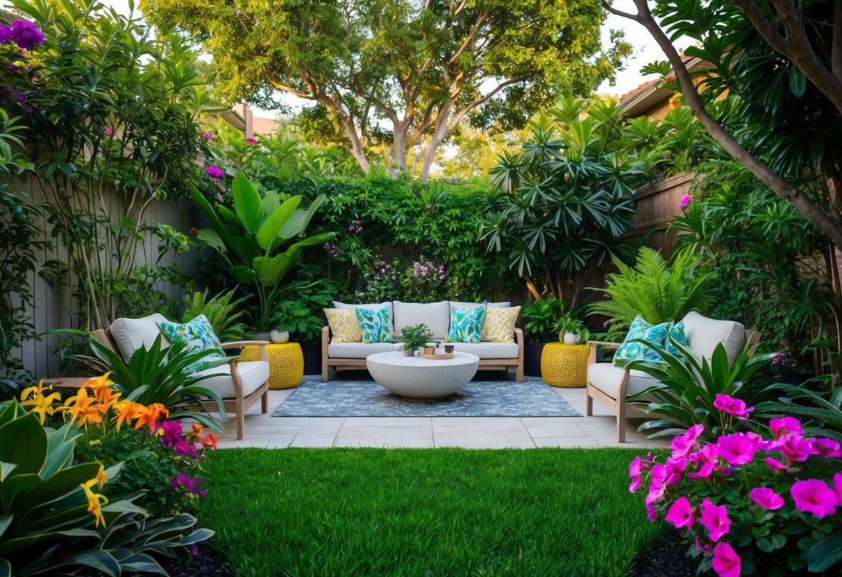 A lush backyard oasis with colorful flowers, greenery, and a cozy seating area surrounded by vibrant plants and trees