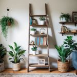 An old ladder transformed into a rustic bookshelf, adorned with potted plants and vintage knick-knacks. A cozy living room with upcycled home decor