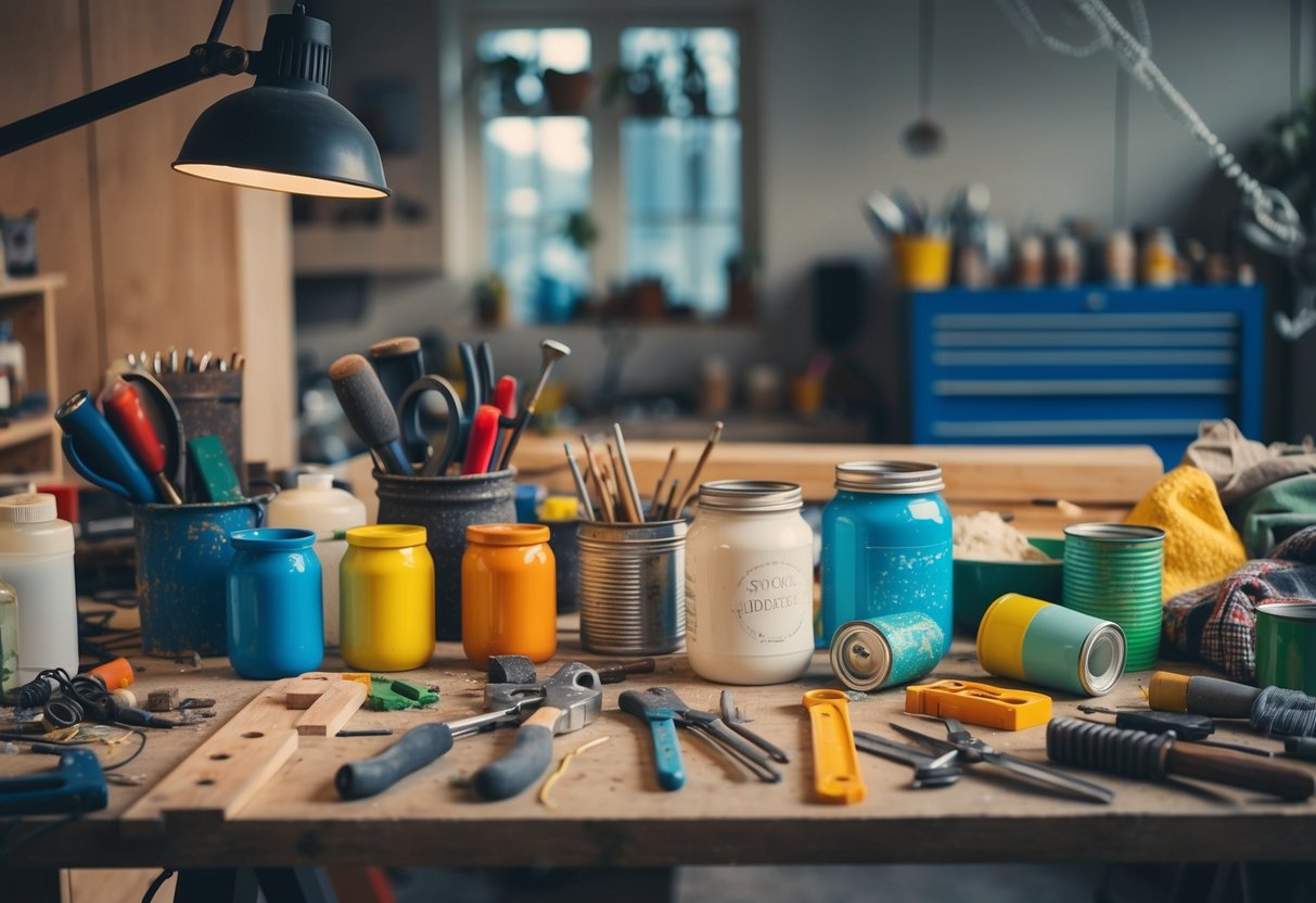 A cluttered workbench with various tools, paint, glue, and recycled materials like jars, cans, and fabric scraps for upcycling home decor