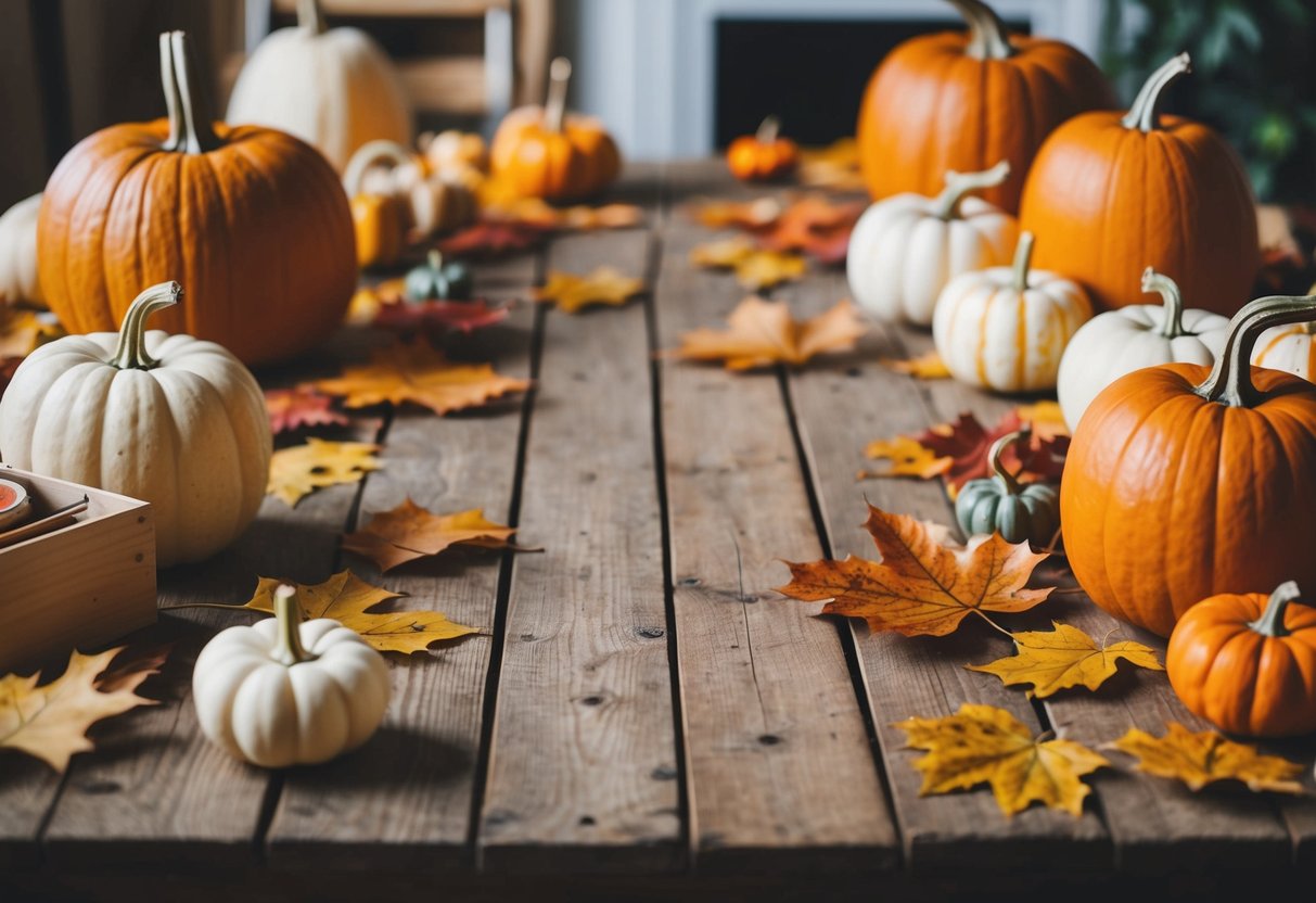 A rustic wooden table with various sized pumpkins, fall leaves, and crafting supplies scattered around. A warm, cozy atmosphere with soft natural lighting