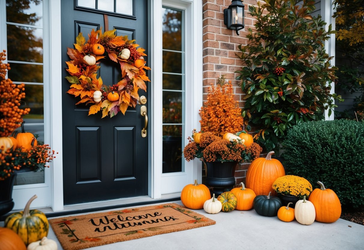 A front door adorned with a fall wreath of colorful leaves, pumpkins, and berries. A cozy doormat with autumn-themed designs welcomes guests