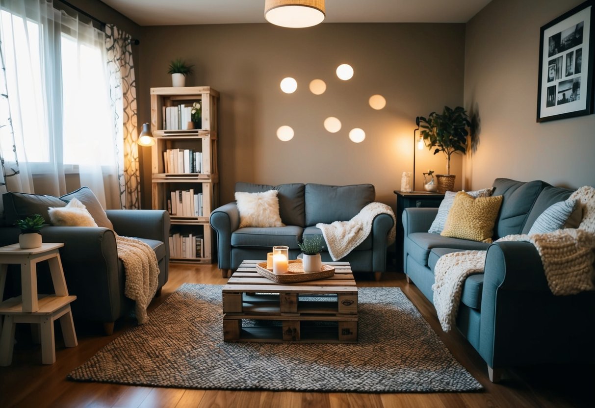 A living room with repurposed furniture, cozy blankets, and warm lighting. A bookshelf made from crates, a coffee table from pallets, and a DIY rug