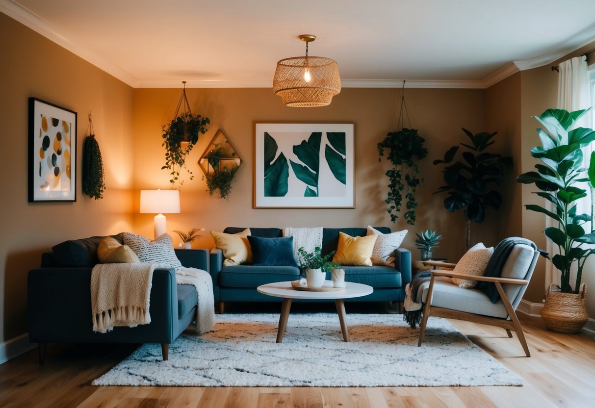 A cozy living room with warm lighting, a mix of framed art and wall plants, and a comfortable seating area with throw pillows and blankets