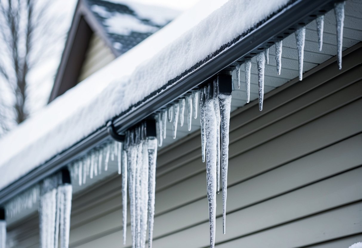 Snow-covered roof with icicles hanging from the edges. Gutters are clogged with ice, causing water to back up and form ice dams along the eaves