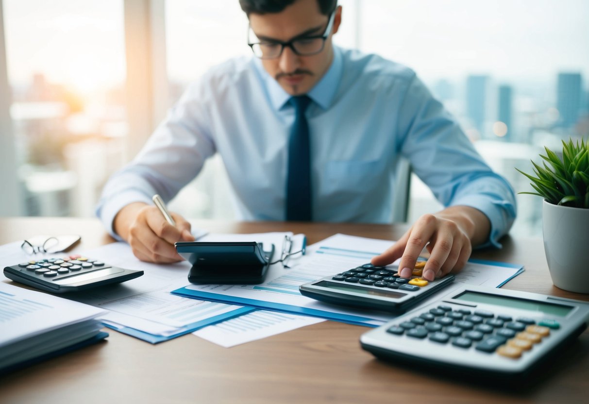 A person sitting at a desk, surrounded by financial documents and a calculator, carefully planning and organizing their budget