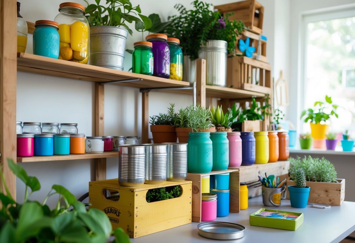 Colorful jars, tin cans, and wooden crates repurposed as shelves and organizers. Plants and art supplies neatly arranged in the eco-friendly home studio