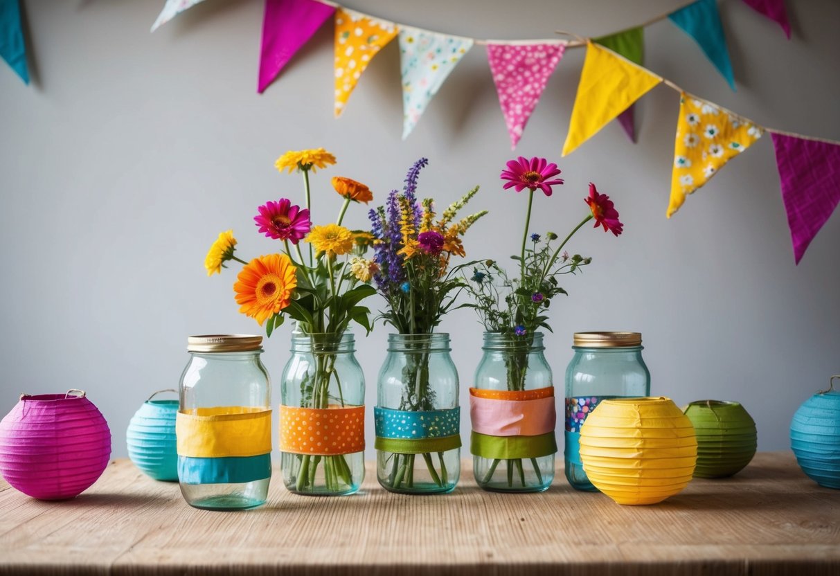 A table with repurposed glass jars filled with colorful flowers, surrounded by handmade paper lanterns and recycled fabric bunting