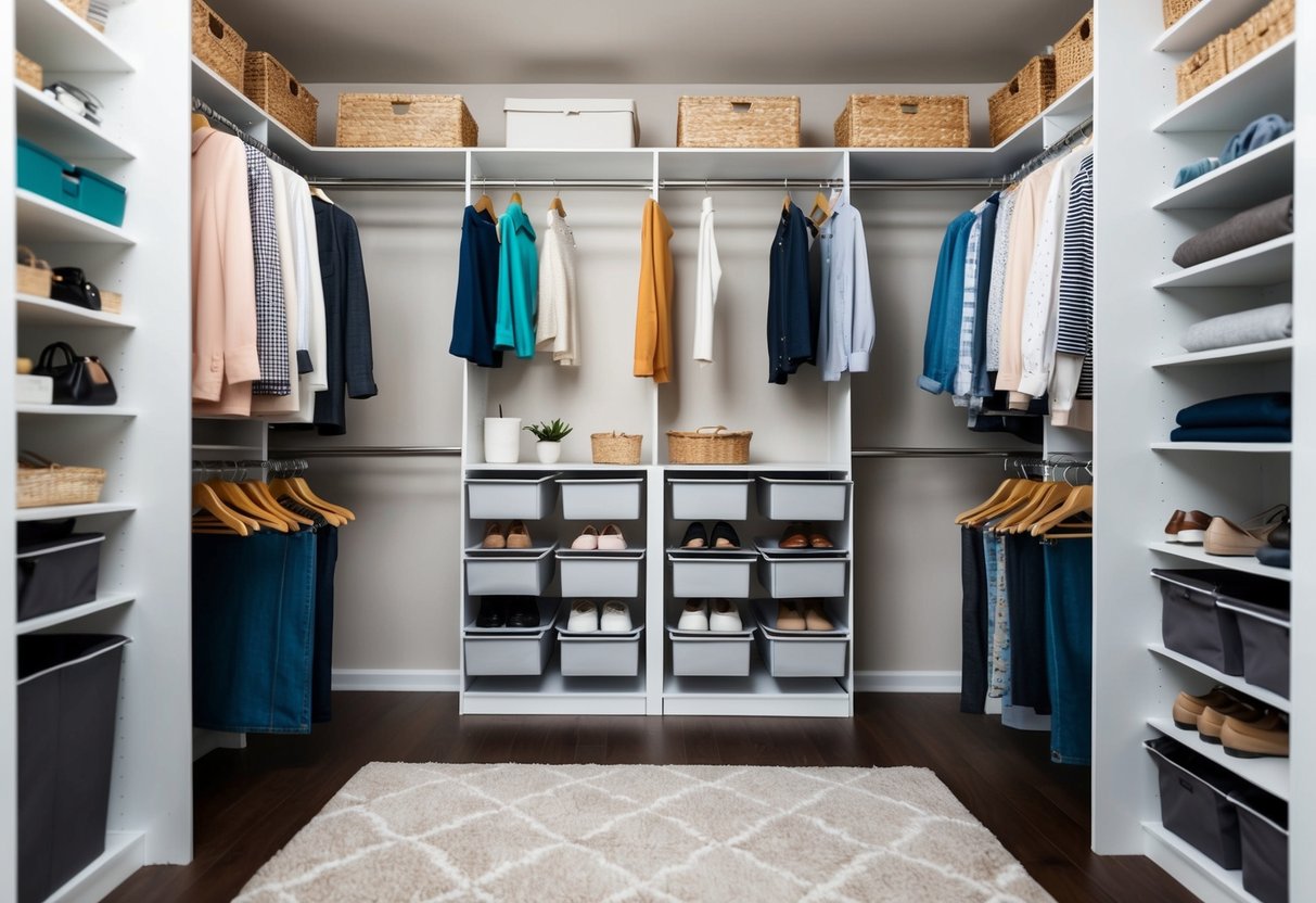 A neatly organized closet with shelves, bins, and hanging rods, showcasing various DIY storage solutions for clothes, shoes, and accessories