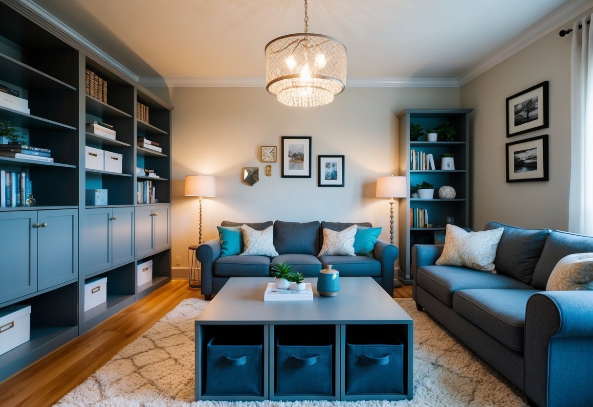 A cozy living room with neatly organized shelves and storage bins, a stylish coffee table with hidden compartments, and a wall-mounted storage unit for books and decorative items