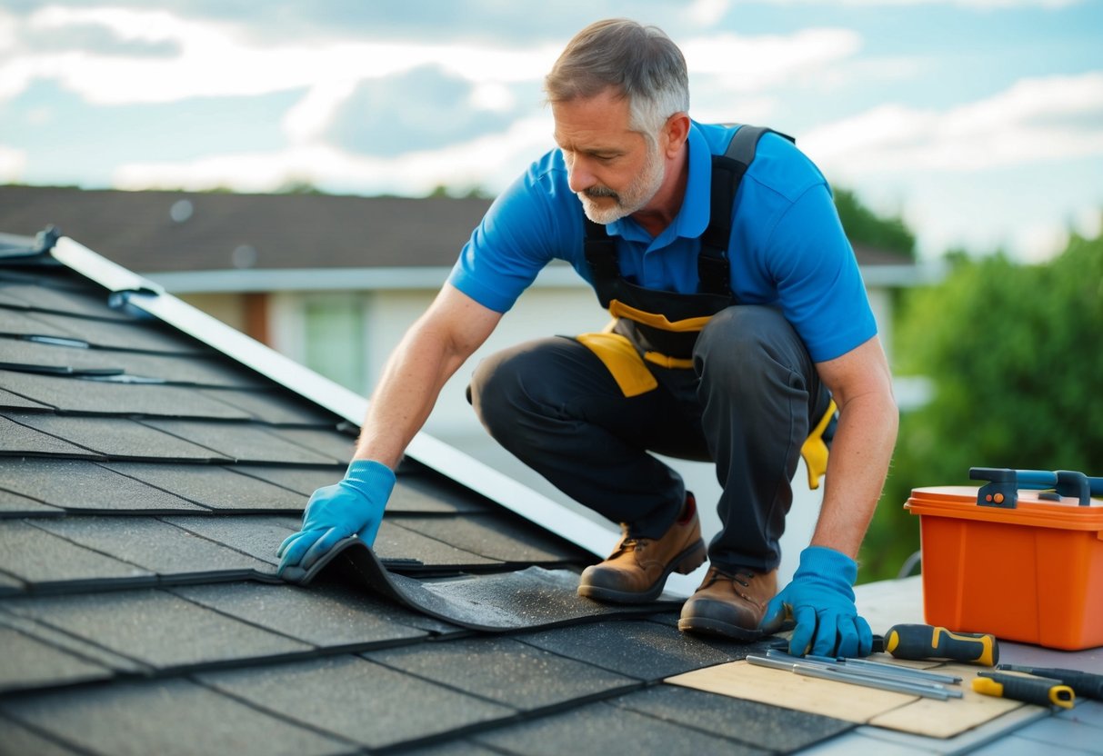 A handyman patching a leaky roof with tools and materials nearby