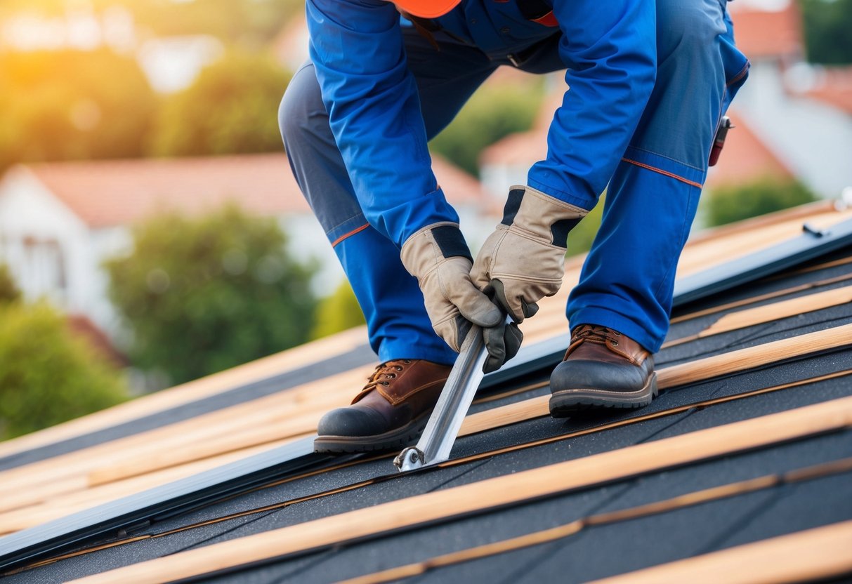 A professional roofing contractor repairing a damaged roof with cost-effective techniques