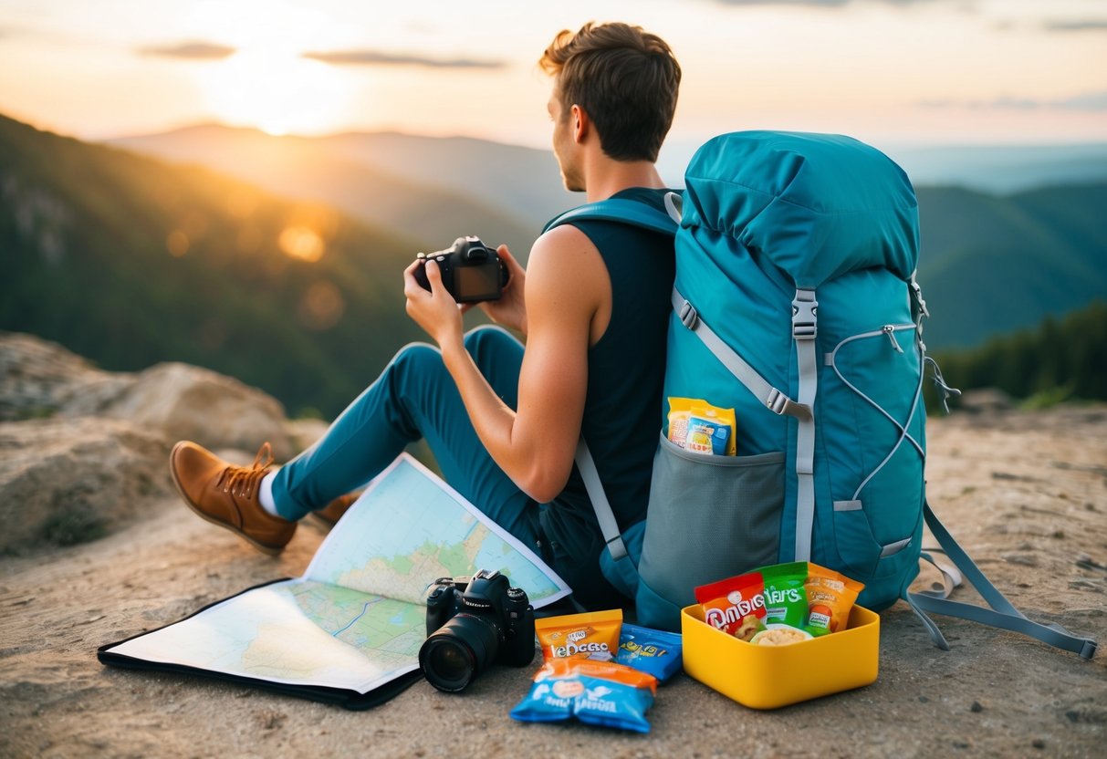 A traveler packing a backpack with a map, camera, and snacks for a budget-friendly adventure