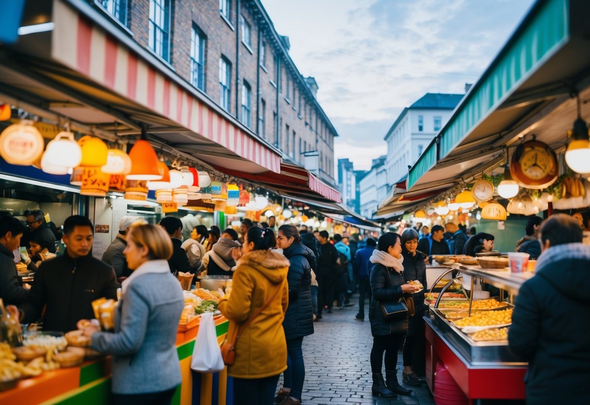 A cozy street food market with colorful stalls and bustling crowds, offering a variety of international cuisines at affordable prices